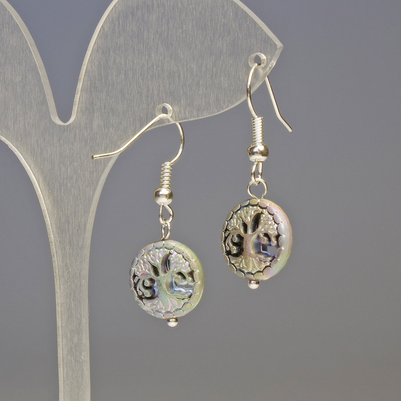 Hematite Earrings with Blue Wood and Silver, Diameter 12x4 mm, Length 3.2 cm