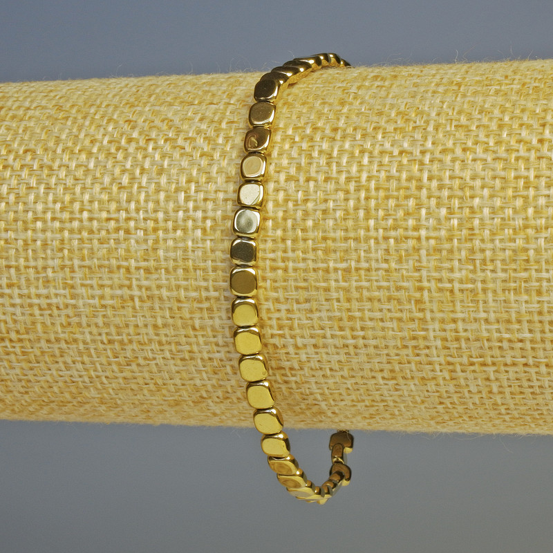 Hematite Bracelet, Square Shape, Gold Color, 4x4x2 mm Beads, 18 cm Length, Stretch