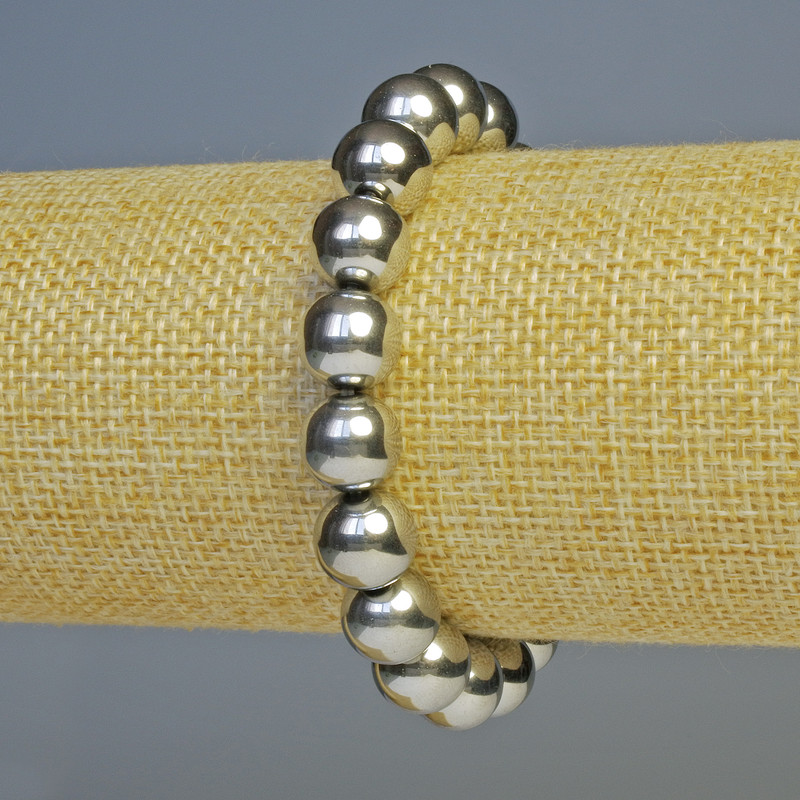 Hematite Bead Bracelet, silver color, 10 mm diameter, 18 cm length, Elastic