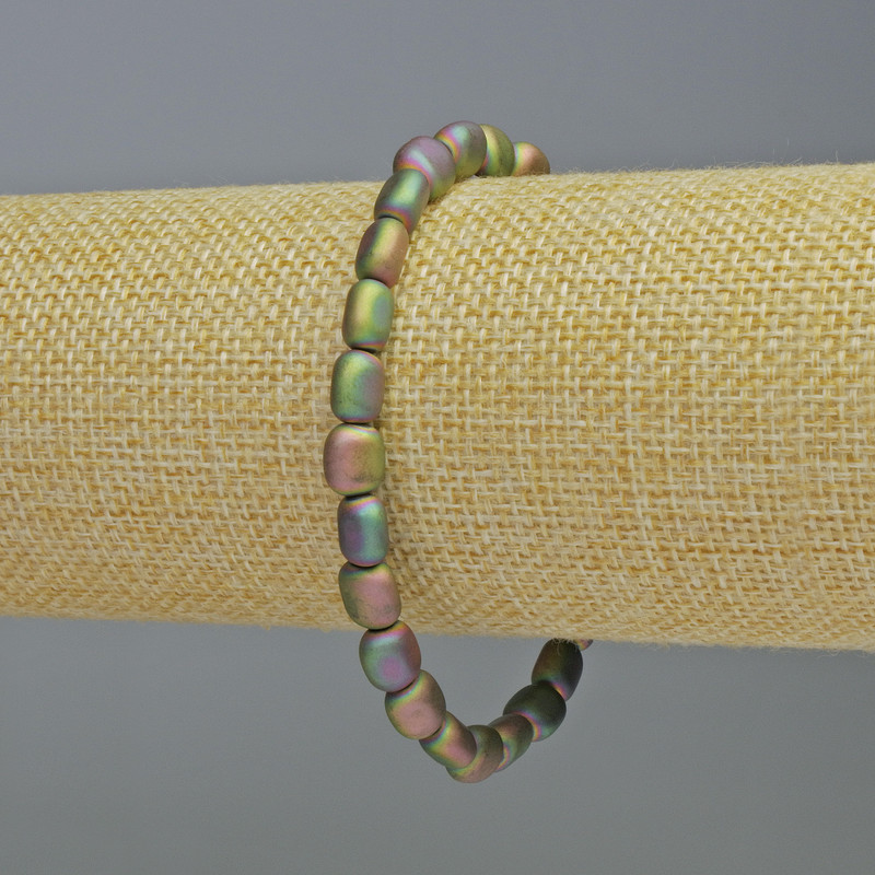 Hematite Bracelet, Oval Beads, Matte Rainbow Color, 7x7 mm, 18 cm Length, Stretch