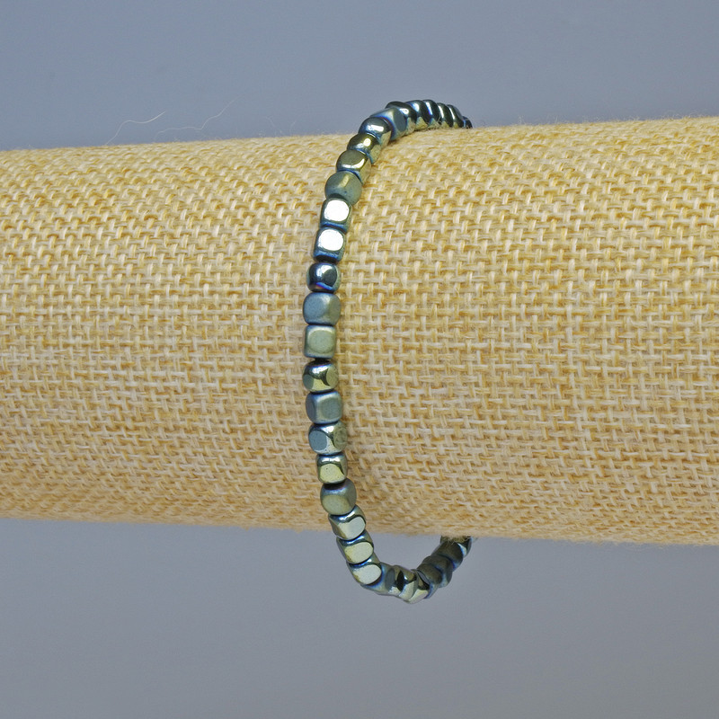 Hematite Cube Bracelet, Green Chameleon, Matte and Glossy, 4x4 mm cubes, 18 cm length, stretch