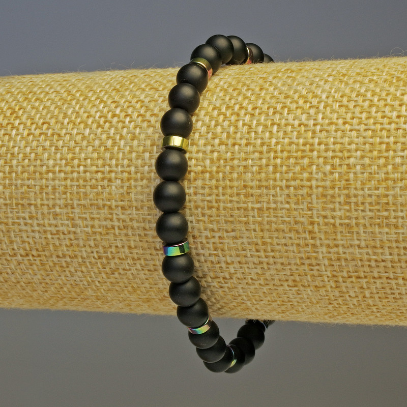 Shungite Bracelet with Smooth Beads, 6 mm Diameter; Rainbow Hematite Discs, 5x2 mm; 18 cm Length (Stretch)