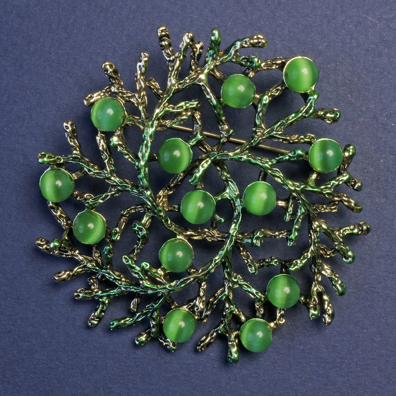 Brooch-pendant 'Branches' with Cat's Eye stone, enamel 60mm+
