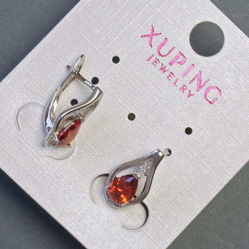 Xuping Earrings with Red Cubic Zirconia, 16 mm long, 8 mm thick, Rhodium-Plated