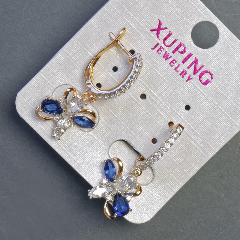 Xuping Earrings with Blue Stones 30×12 mm, 18K Gold Plated