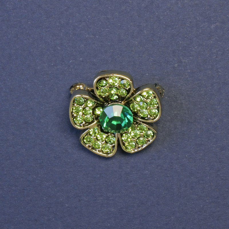 Brooch Flower with Green Rhinestones 20mm ± Silvery Metal