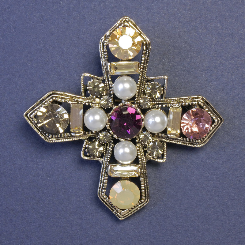 Maltese Cross Brooch Encrusted with White Pearls and Multicolored Rhinestones, 52x52 mm ± Silver Metal