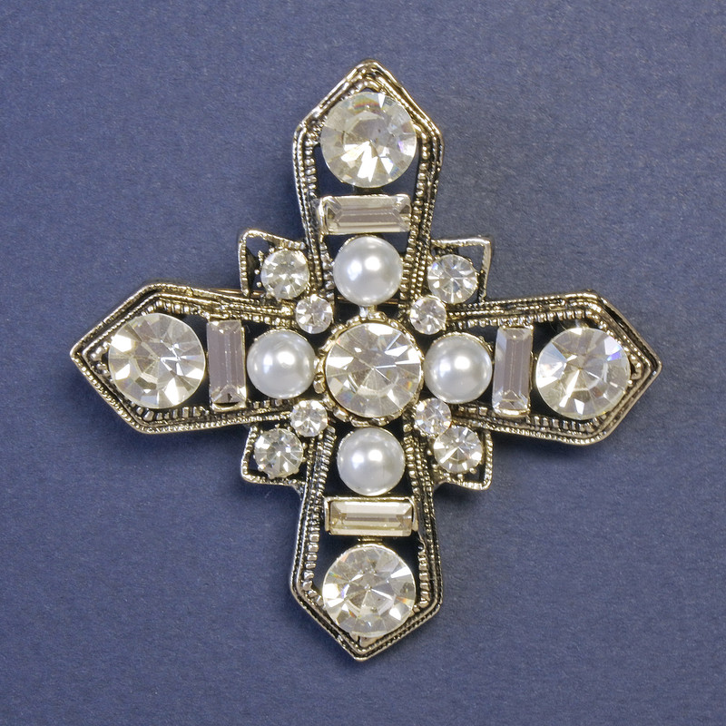 Brooch Maltese Cross Adorned with White Pearls and Rhinestones, 52x52 mm ± Silver-Tone Metal