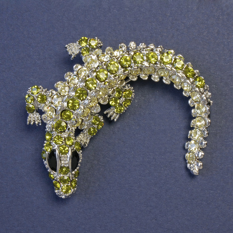 Crocodile Brooch Pendant Studded with White and Green Crystals, Silver-Tone Metal, 49x49mm+