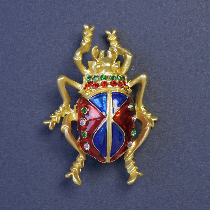 Blue Enamel Scarab Beetle Brooch with Crystals