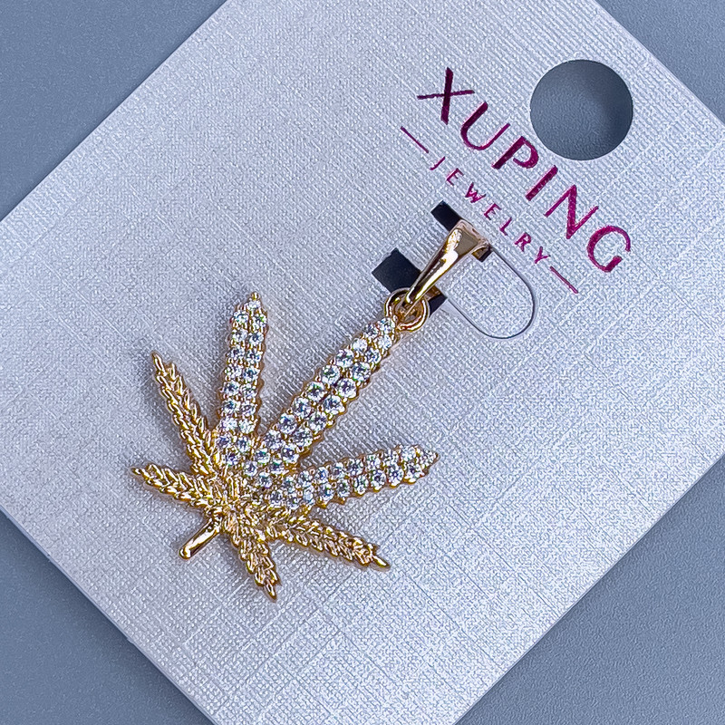 Pendant Xuping 'Hemp Leaf' with white crystals, diameter about 21 mm, length about 29 mm, 18K Gold Plating