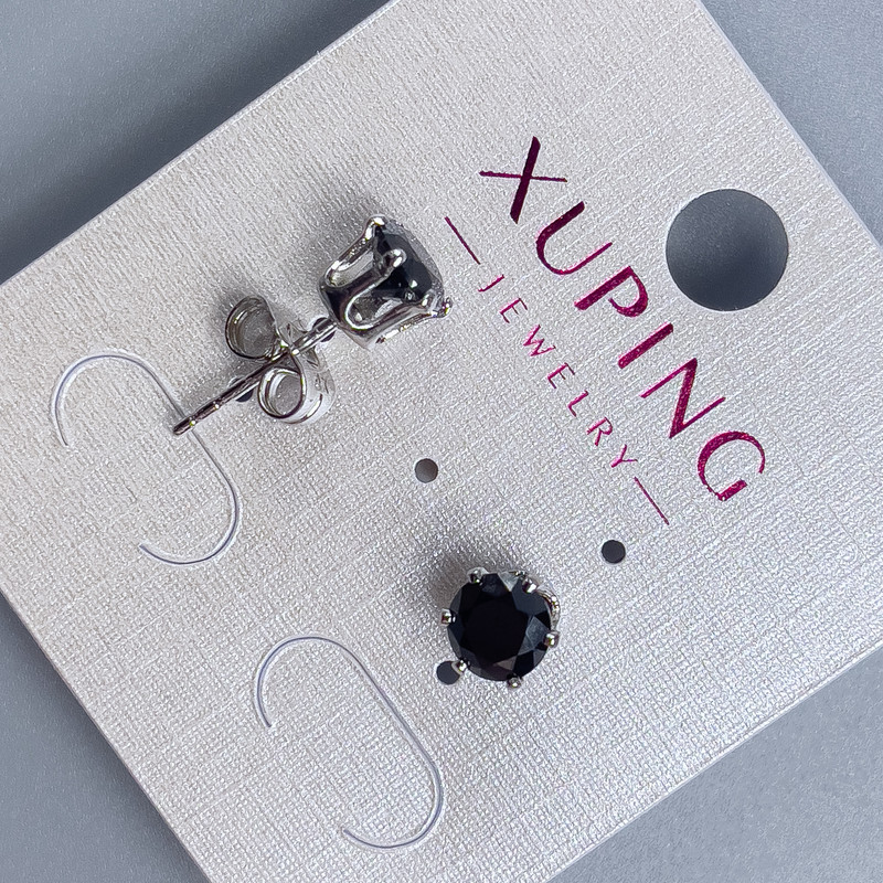 Xuping rhodium-plated crown-setting stud earrings with black stone, 6mm