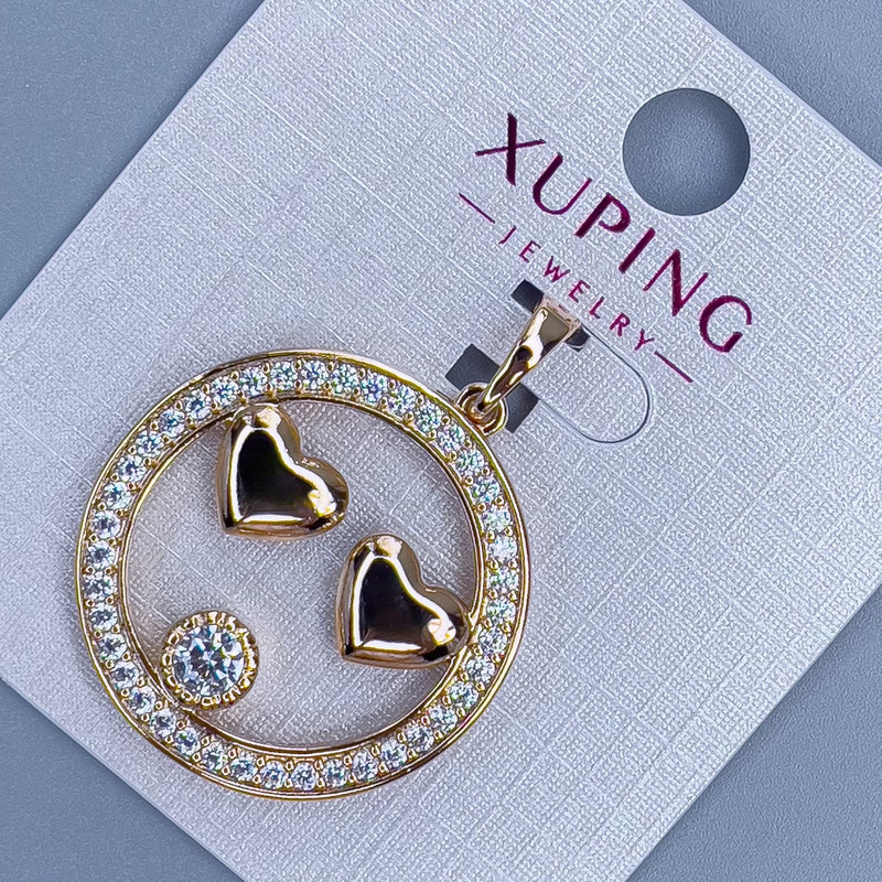 Xuping Pendant "Two Hearts" with White Crystals, diameter 26 mm ±, thickness 3 mm ±, length 32 mm ±, gold plated