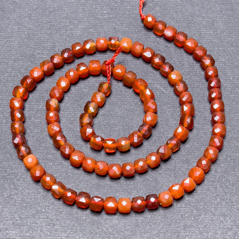 Carnelian Beads on Thread, Faceted Cube Beads, 4 mm Diameter, 39 cm Length