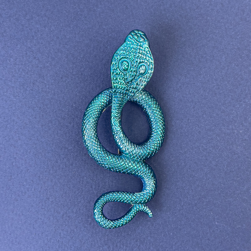 Brooch-pendant Snake Cobra with blue enamel, silver-toned metal 77×33 mm+