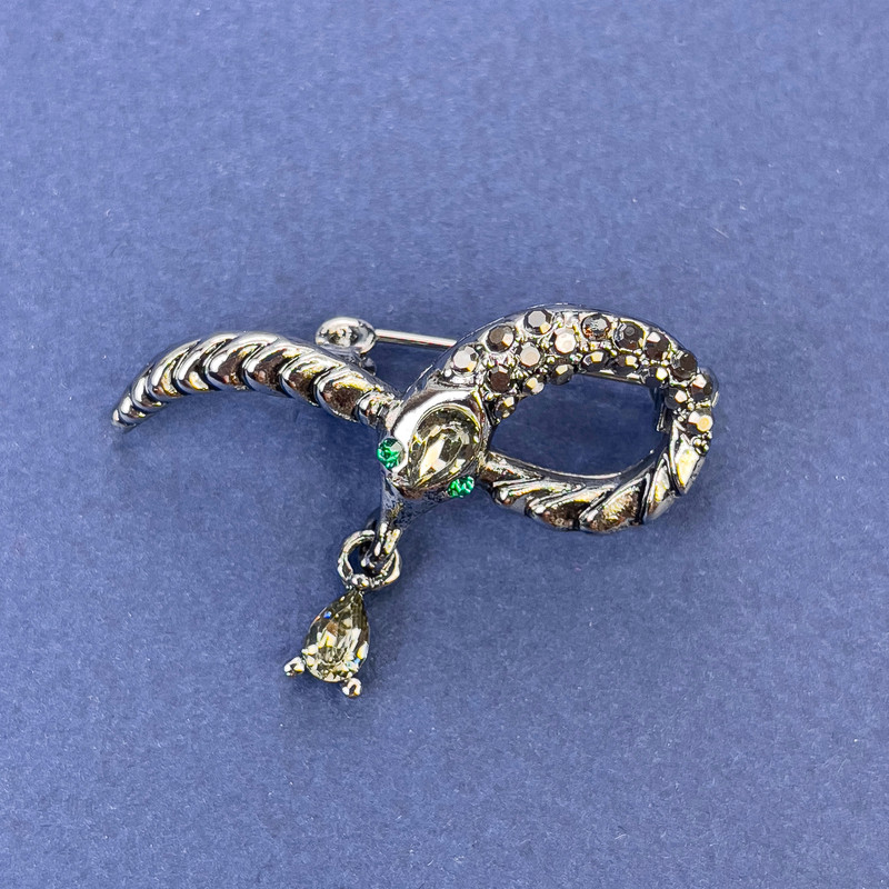 Brooch 'Snake' in Gray with Gray Crystals, Silver-Tone Metal 39×22 mm+