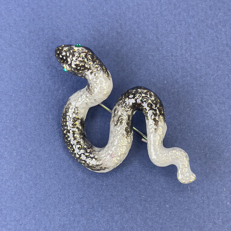 Brooch-pendant Snake with gray enamel and blue crystals, silver-tone metal, 30x55 mm +