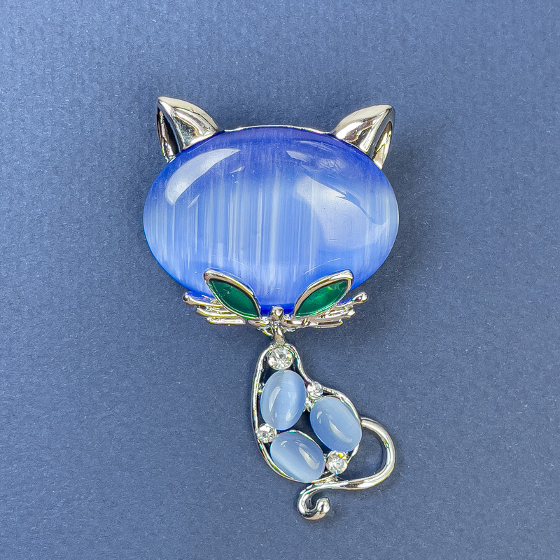 Brooch Cat Blue Cat's Eye White Crystals Silvery Metal 34x58mm+