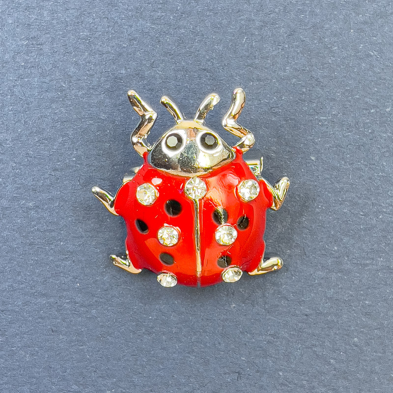 Ladybug Brooch with White Crystals, Red Body, Silver-Colored Metal, Diameter 22 mm, Length 23 mm