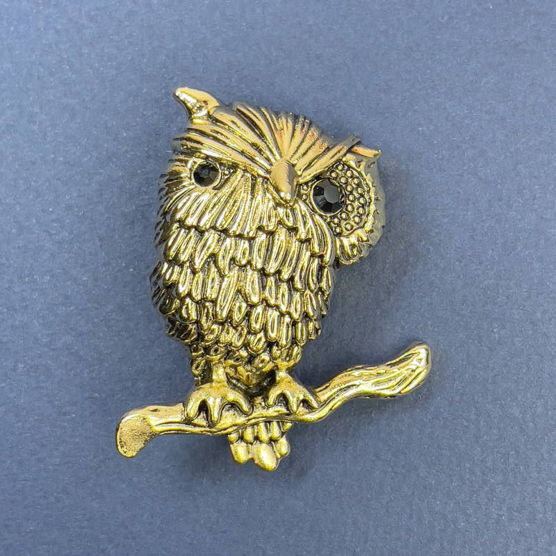 Owl Brooch with Black Crystals and Golden-Toned Metal, Diameter 28 mm, Length 45 mm