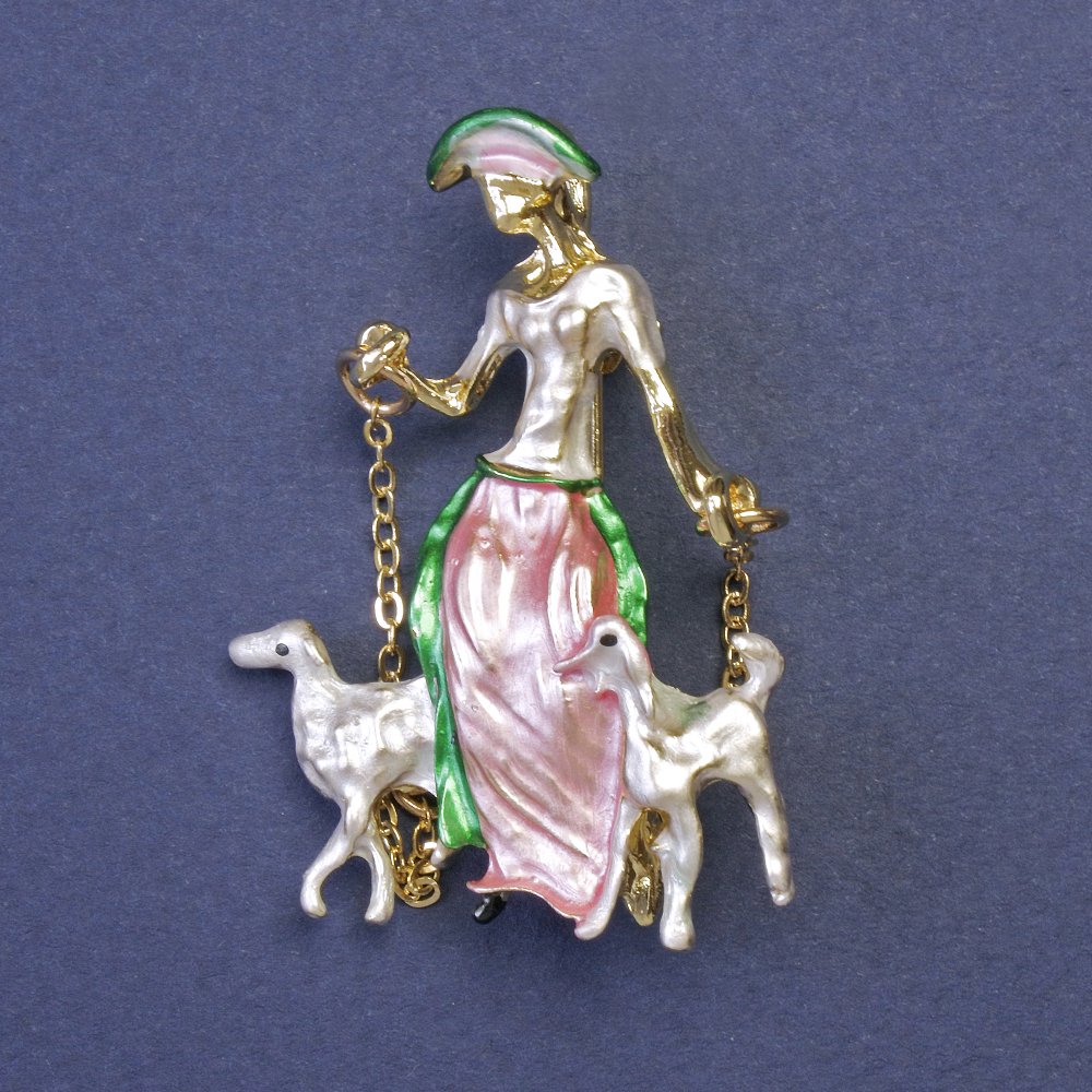 Brooch Pendant Lady with Dogs on Chains, Gold Enamel, Metal, 32x45 mm +