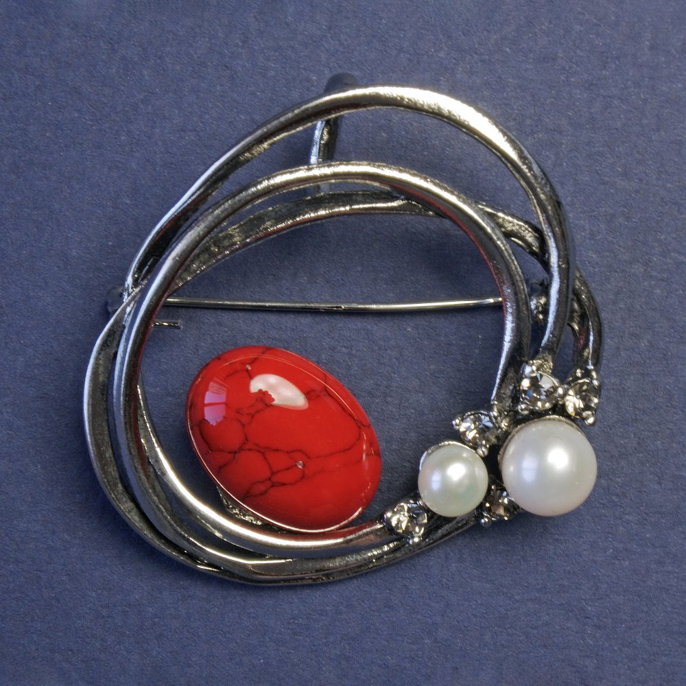 Brooch with coral (synthetic) and pearls, silver-colored, 43×41 mm+