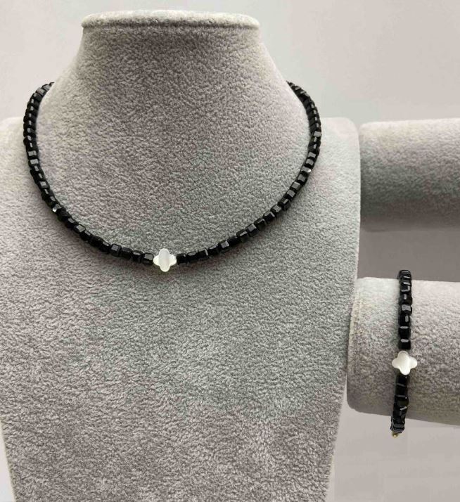 Tourmaline Faceted Cube Choker and Bracelet Set, 4x4 mm Cube, with Mother-of-Pearl Inlay, Length 35-40 cm, with Clasp