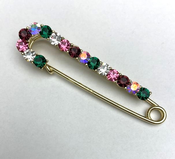 Coat brooch pin with multicolor rhinestones, 72x18 mm, metal color 'gold'