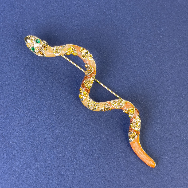 Snake Brooch with brown enamel, crystals and gold-tone metal 82x23mm+