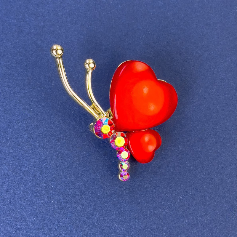 Butterfly Brooch, diameter 34×21 mm ± red Cat's Eye with crystals, golden metal