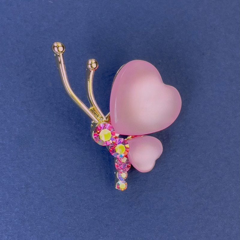 Butterfly Brooch, 34x21 mm, pink Cat's Eye rhinestones, gold-tone metal