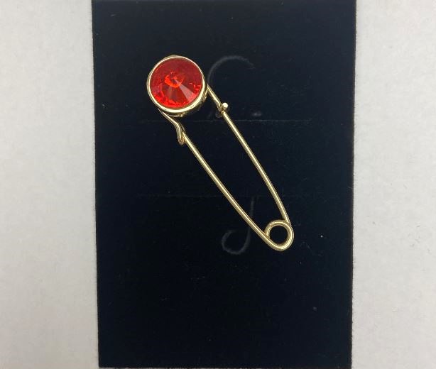 Brooch-pin with red crystal, golden metal, 36x12mm+