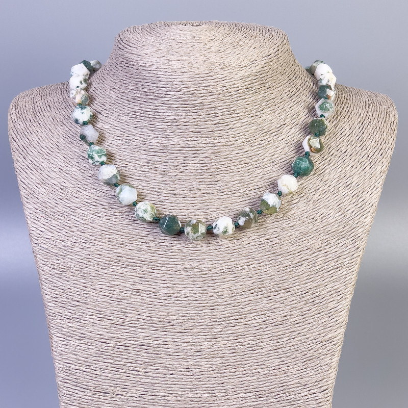 Moss Agate Beaded Necklace with Faceted Beads, 9 mm diameter, 45 cm length, with clasp