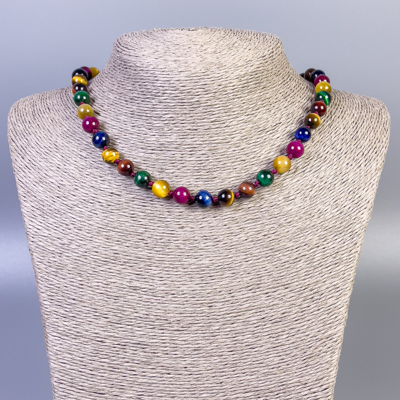 Necklace of Tiger's Eye, Cat's Eye, and Bull's Eye – Smooth beads, 8 mm diameter, 45 cm length, with clasp