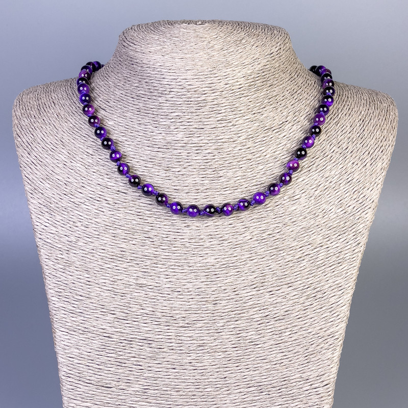 Purple Cat's Eye Necklace, Smooth Beads, 6 mm Diameter, 50 cm Length, with Clasp