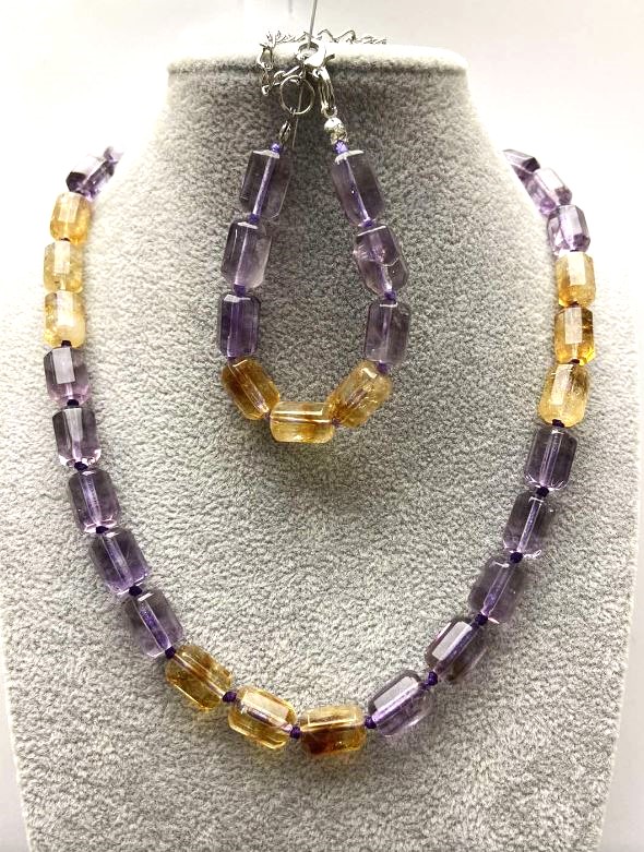 Necklace and bracelet set Citrine and Amethyst faceted cylinder beads 12x8 mm on thread