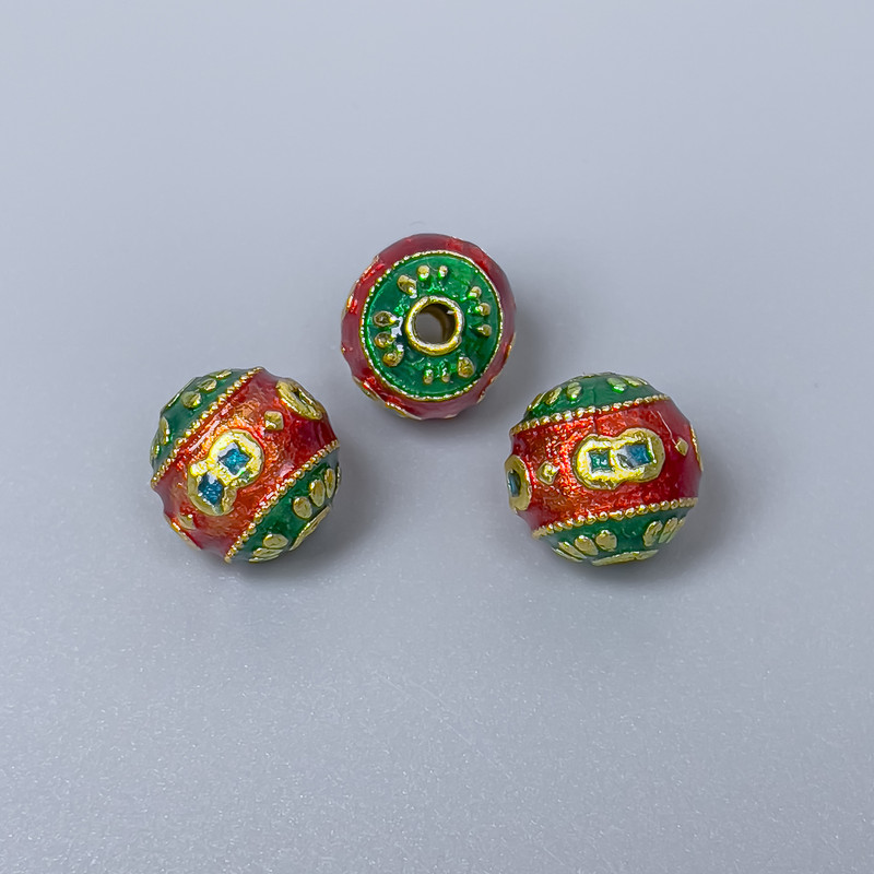 Cloisonne Bead, Red and Green Enamel, 10 mm Diameter, 2 mm Hole, Gold-Tone Metal, 1 pc