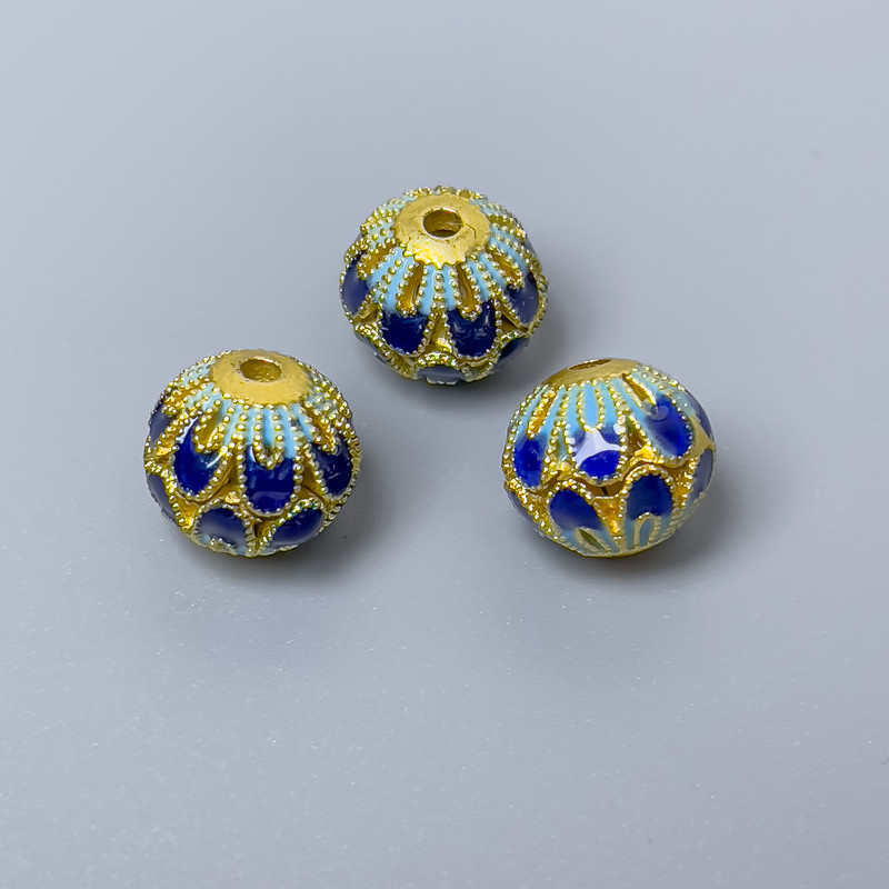 Cloisonné Bead Findings, blue azure enamel, diameter 10×9.5 mm, hole diameter 2 mm, gold-tone metal color, 1 piece