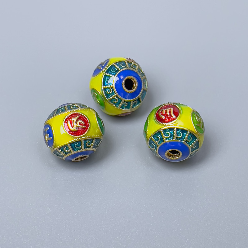 Cloisonné Bead Findings - Yellow, Blue, Green, Red Enamel; Diameter 10×9 mm; Hole 2 mm; Gold-tone Metal Color; 1 pc