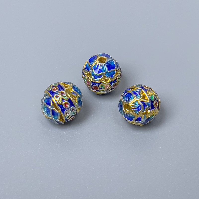 Cloisonné Bead, Blue Enamel, 8 mm diameter, hole diameter 1.5 mm, Gold-tone metal, 1 pc