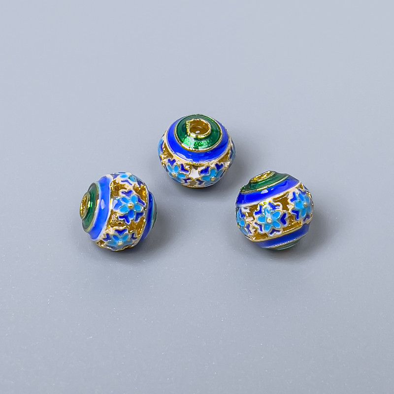 Cloisonne Bead Green-Blue Turquoise Enamel, 8 mm diameter, hole diameter 1.5 mm, gold-tone metal color, 1 pc