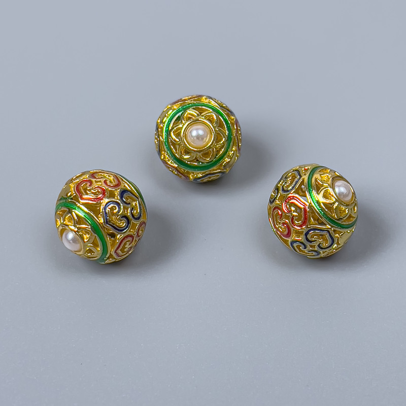 Cloisonné Bead with Enamel in Green, Red, and Blue — 10mm Diameter ±, Hole 2mm, Gold-Tone Metal, 1 pc