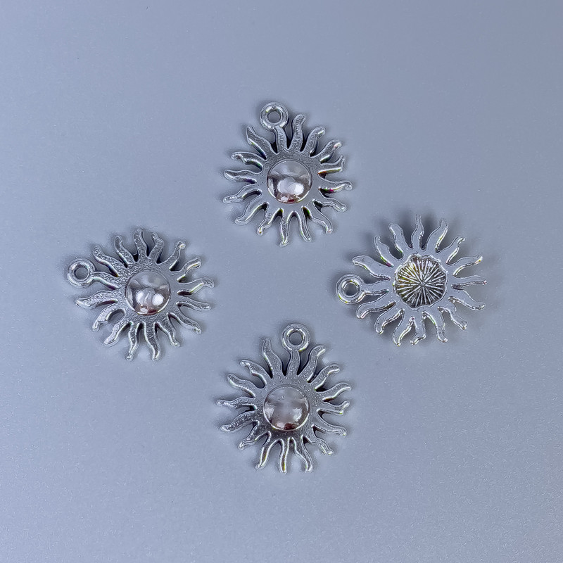 Sun Pendant, silver metal color, size 17x15x2.5 mm, hole diameter 1 mm, packaging 14 pcs