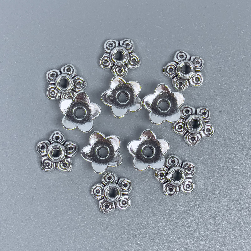 Bead cap findings, silver metal color, diameter 9.5×0.7 mm, hole diameter ~2 mm, packaging 54 pcs