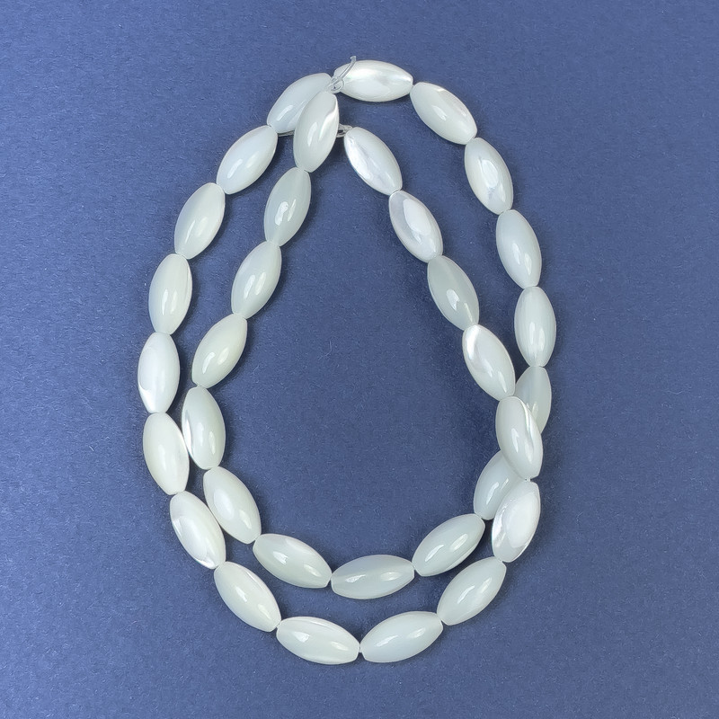 Grain-shaped Mother-of-Pearl Beads on Beading Thread, 12x6 mm, 38 cm length