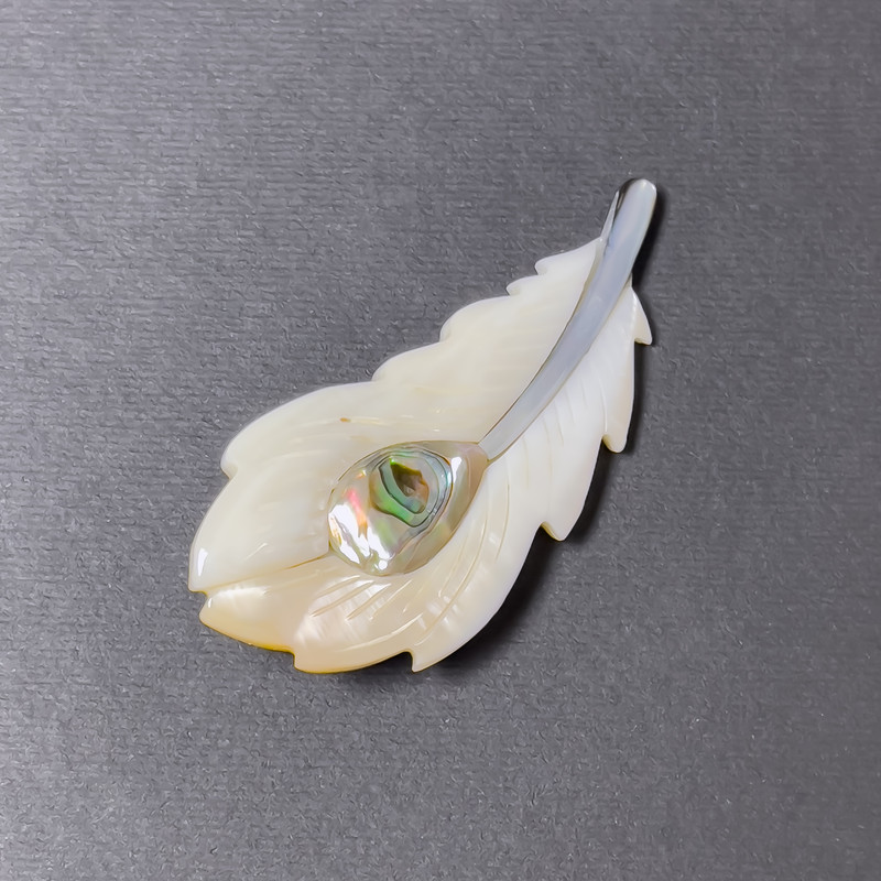 Haliotis Feather Brooch-Pendant, White, Silver-Tone Metal, 60x27mm+