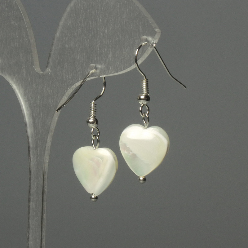 Heart-shaped Earrings with Mother-of-Pearl, 12mm Heart Diameter, 30mm Length