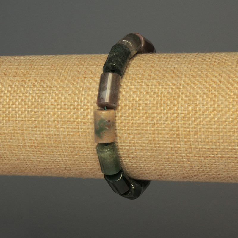 Moss Agate Bracelet, Cylindrical Beads, 12×8 mm, 18 cm, Stretch (Elastic)