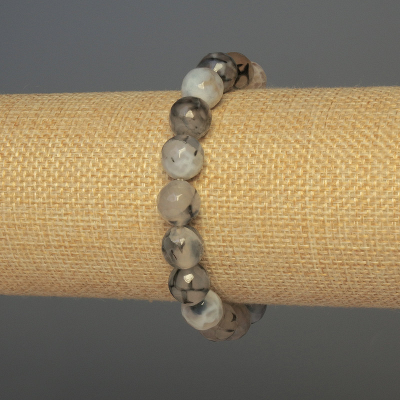 Dragon Veins Agate Bracelet with Faceted Beads, 10 mm Diameter, 18 cm Length, Stretch