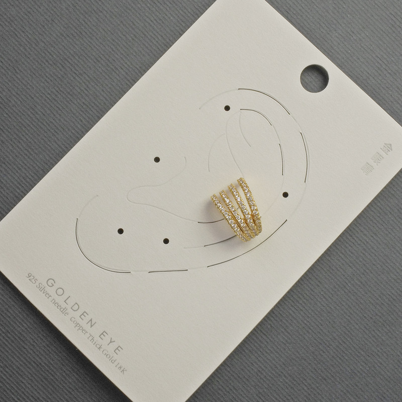 Earring kaf for the earlobe, golden metal, 10x14 mm ± white crystals